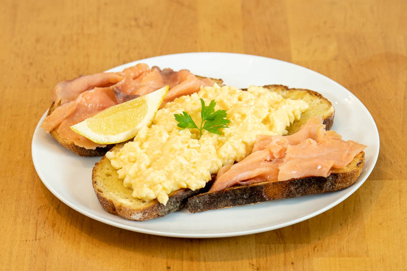 Scrambled Eggs and Smoked Salmon on Sourdough Toast
